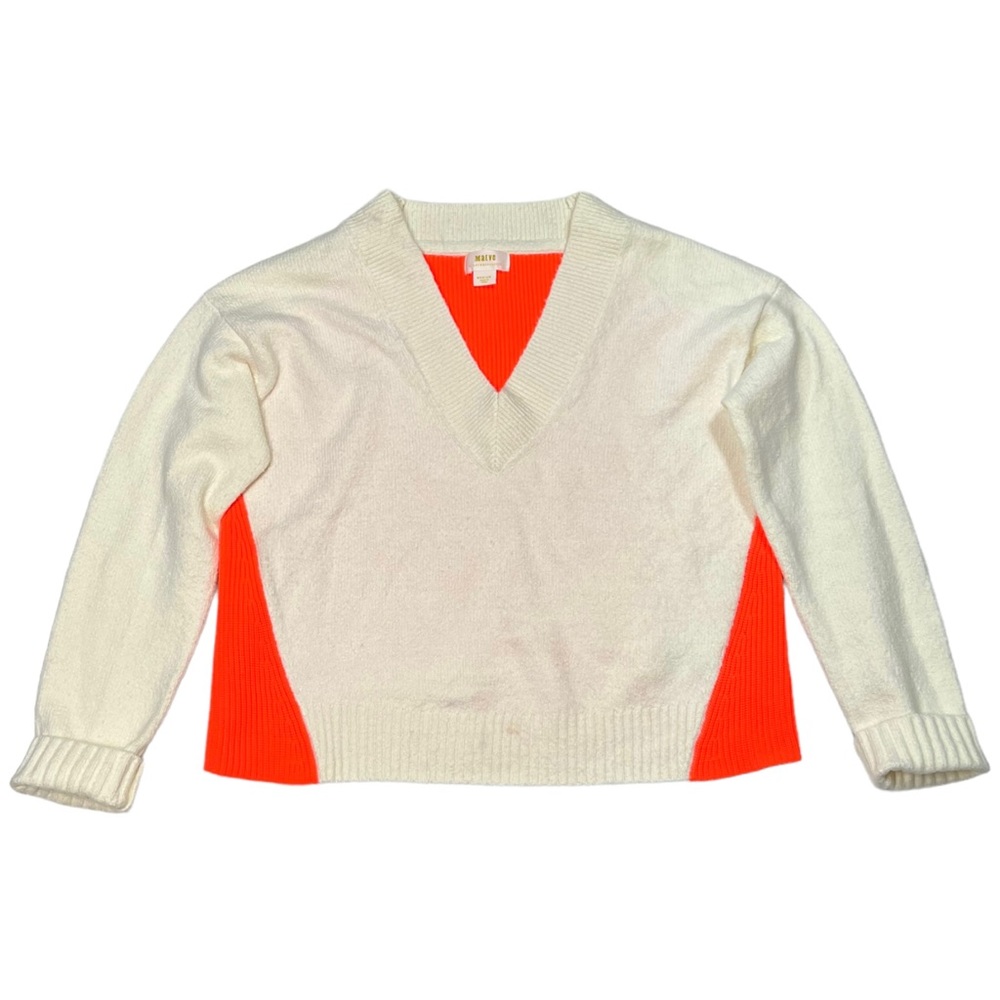 Maeve by Anthropologie Orange and Cream Color-Block Soft V-Neck Sweater Medium